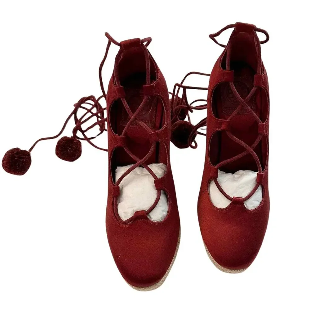 Tory Burch Pom Pom Wedge Espadrilles 5.5 Red NEW